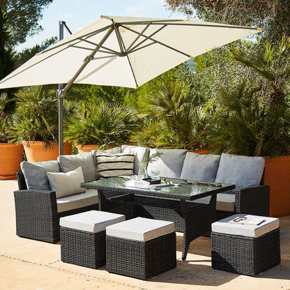 Aston Rattan Corner Sofa Set - Cream LED Cantilever Parasol - 9 Seater - Black - Laura James