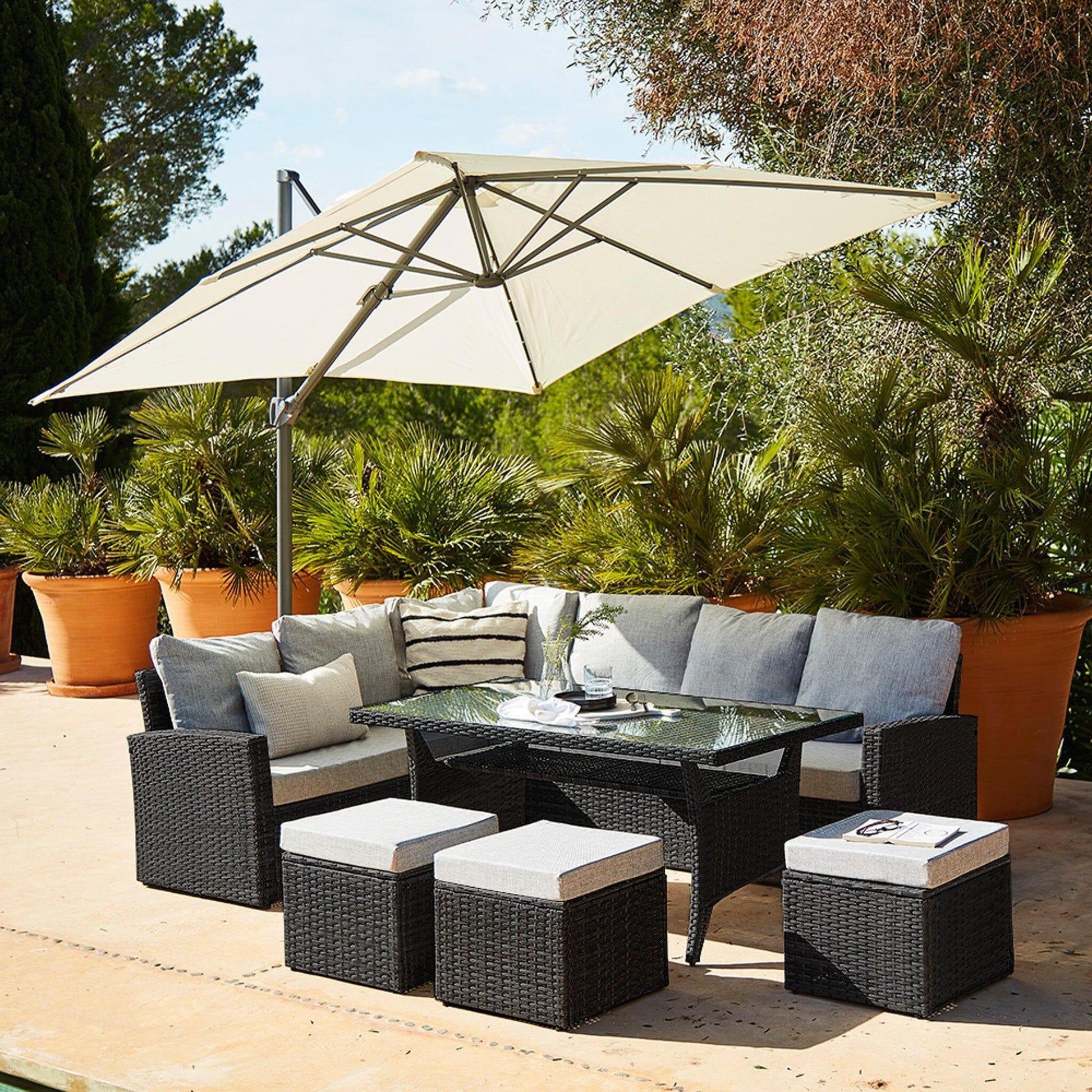 Aston Rattan Corner Sofa Set - Cream LED Cantilever Parasol - 9 Seater - Black - Laura James