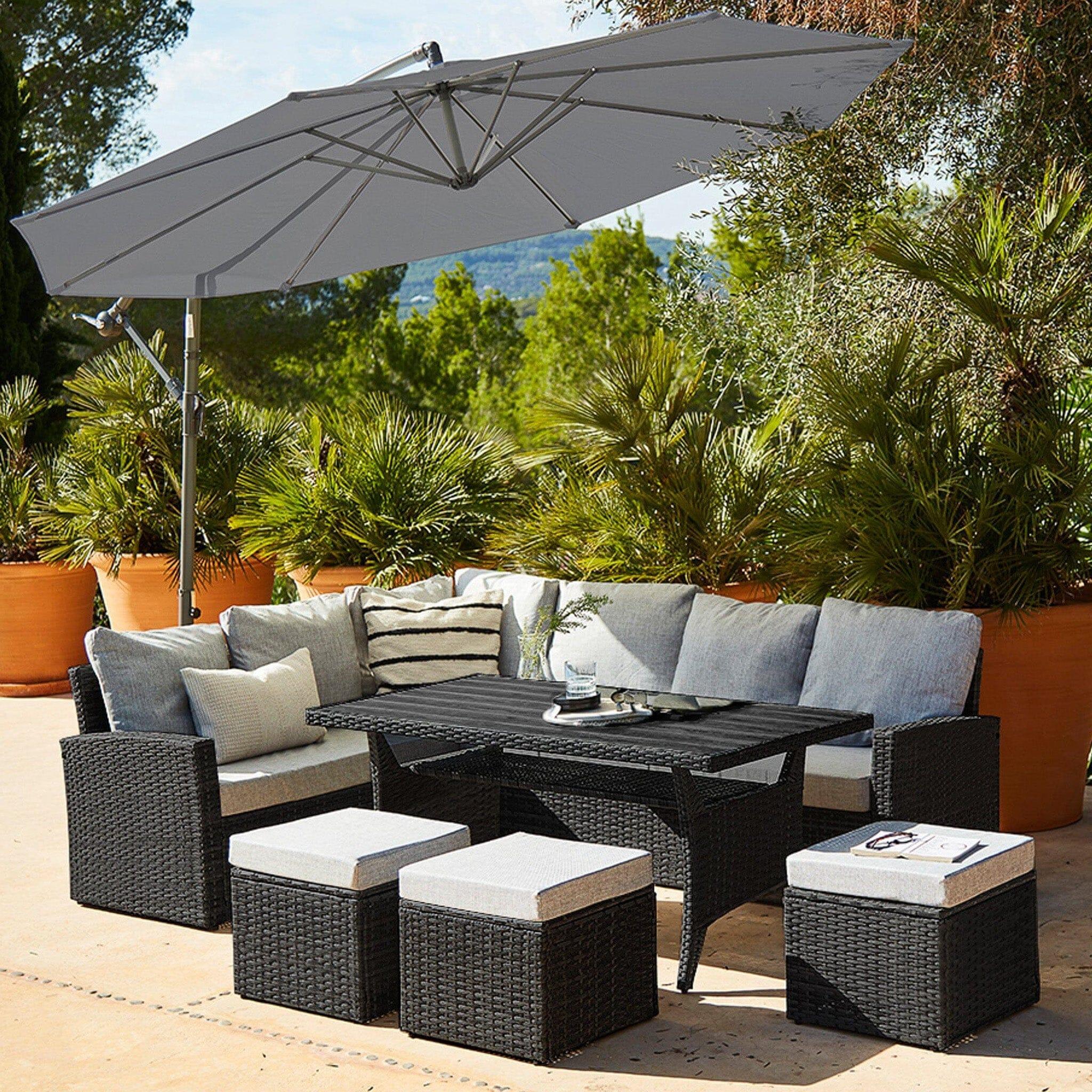 Aston Rattan Outdoor Corner Sofa Set with Grey Lean Over Parasol - 9 S ...