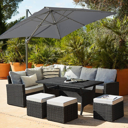 Aston Rattan Corner Sofa Set Polywood Top - Cream LED Cantilever Parasol - 9 Seater - Black