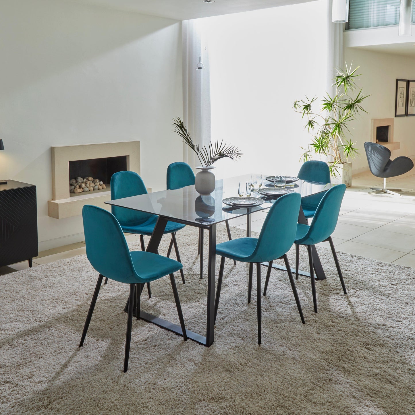 Atlas Glass Table -  6 seater -  Ellis Teal Black Chairs