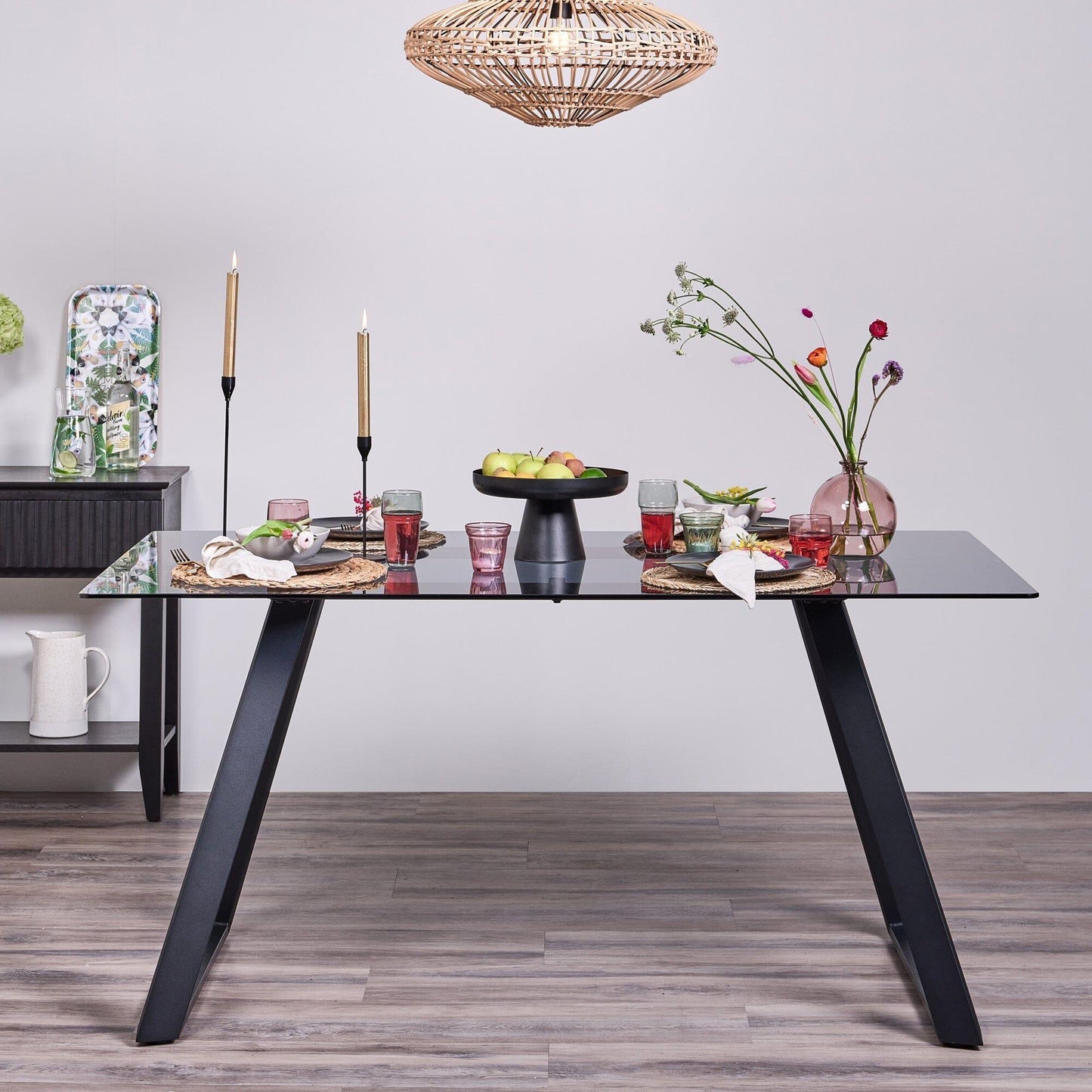 Atlas Glass Dining Table Set -  6 seater -  Ellis Teal Black Chairs - Laura James 