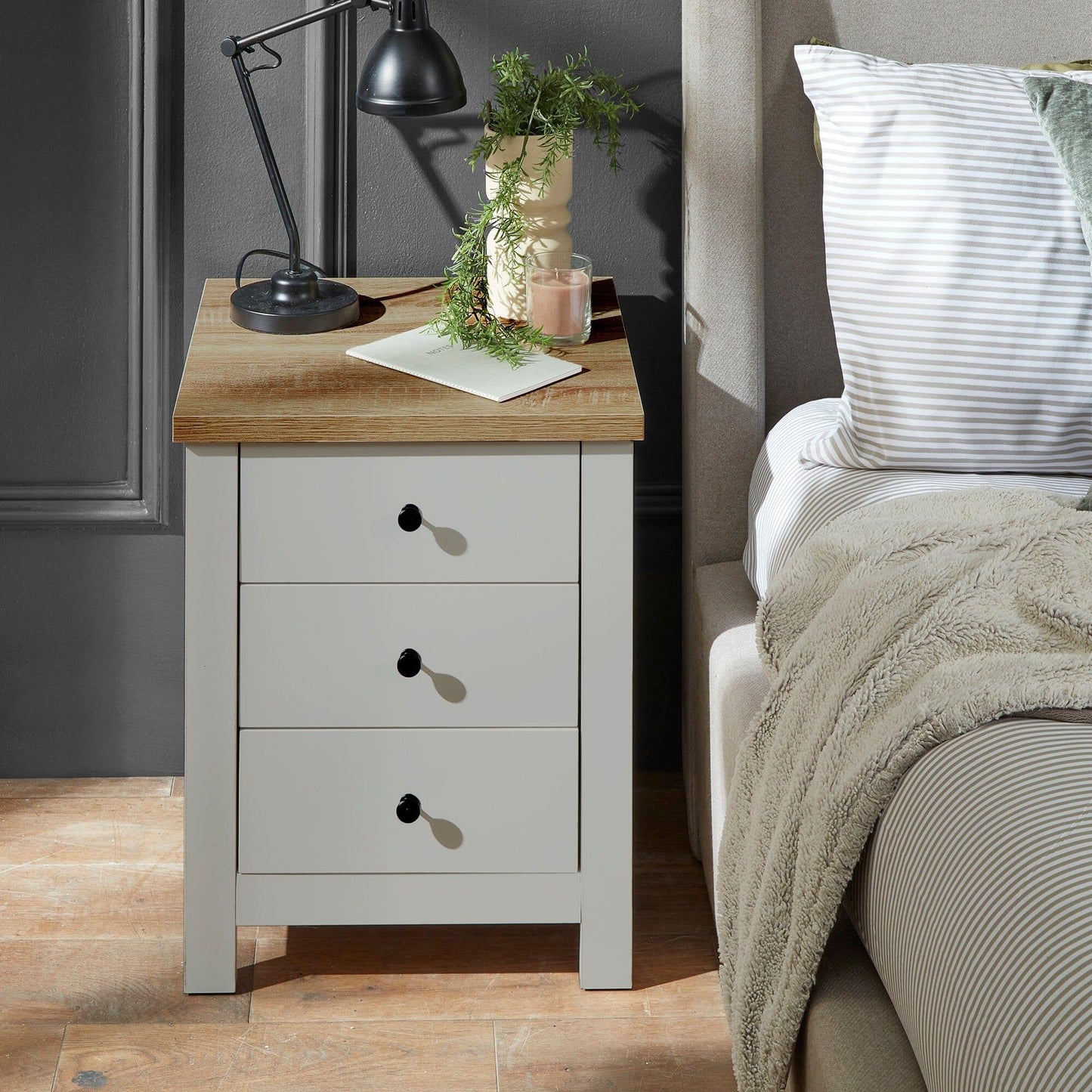 Bampton Stone Grey Bedside Table - 3 Drawer - Laura James