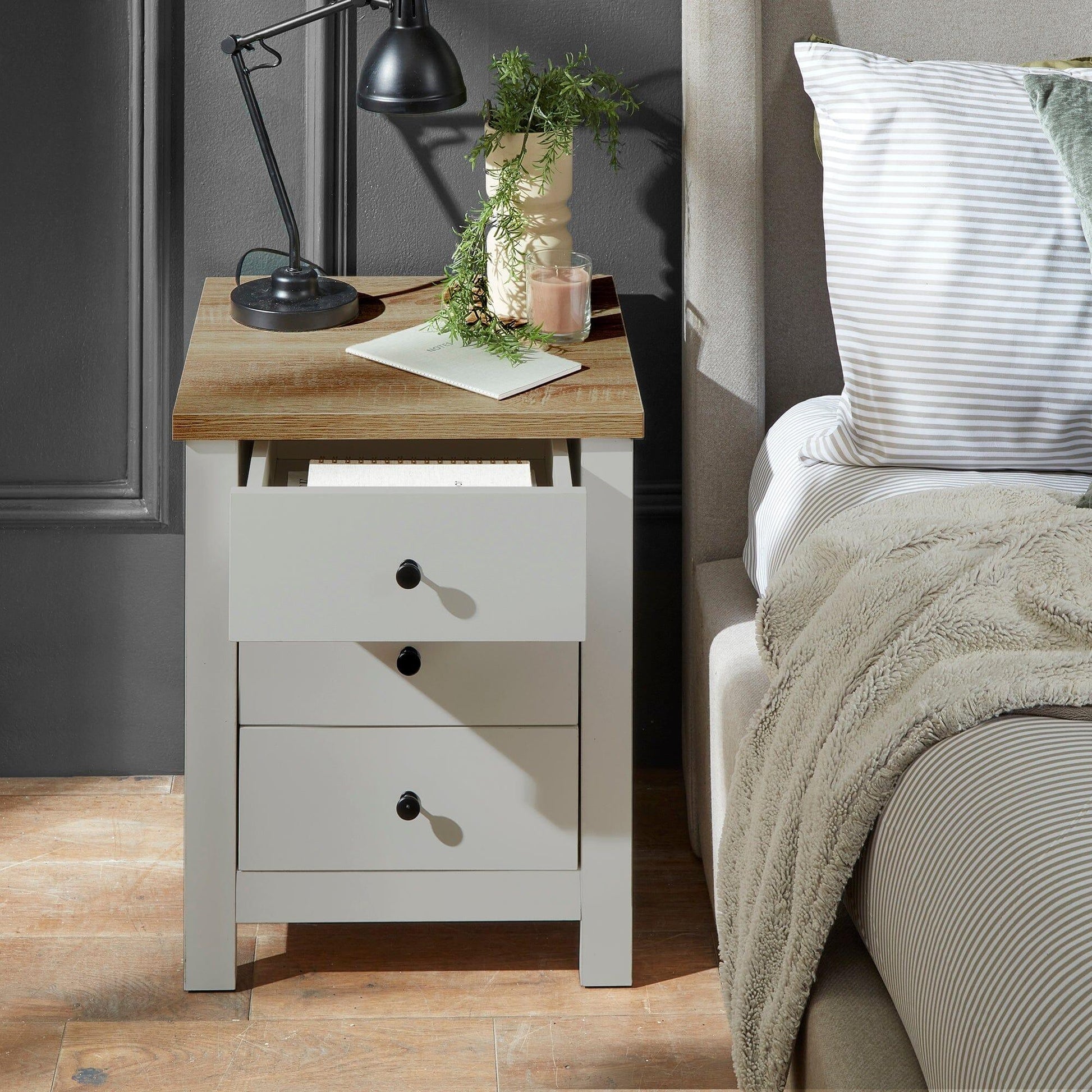 Bampton Stone Grey Bedside Table - 3 Drawer - Laura James