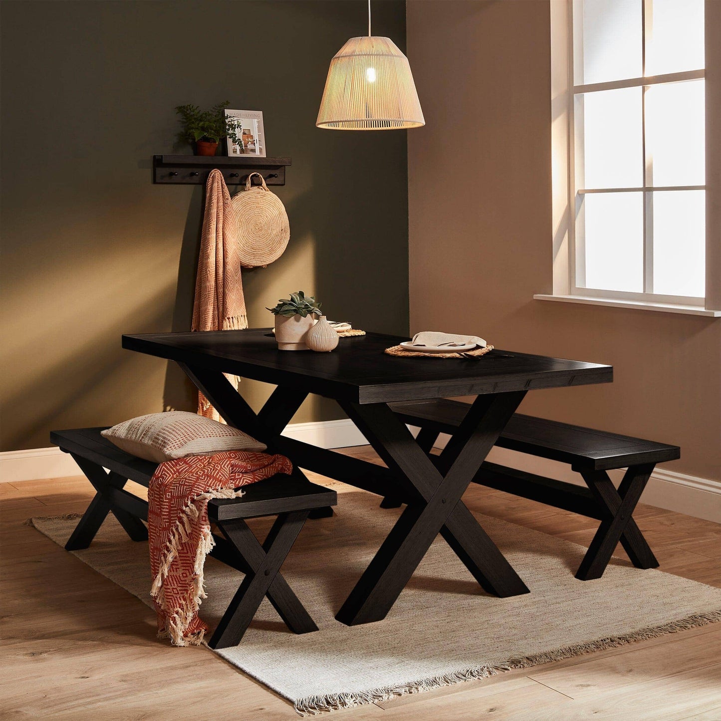 Charlotte Black Oak Extending Dining Table with 2 Black Oak Dining Benches - Laura James