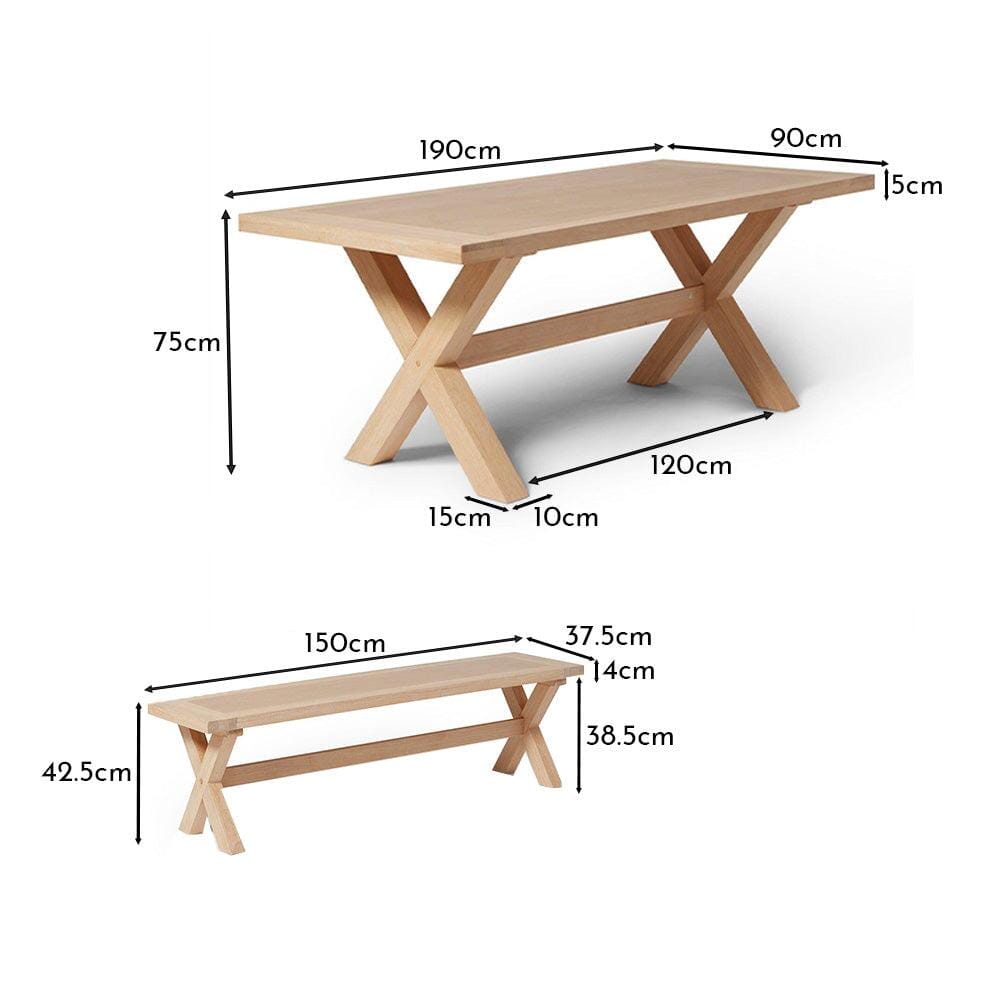 Charlotte 190cm Dining Table with 2 150cm Dining Benches - Whitewash Oak