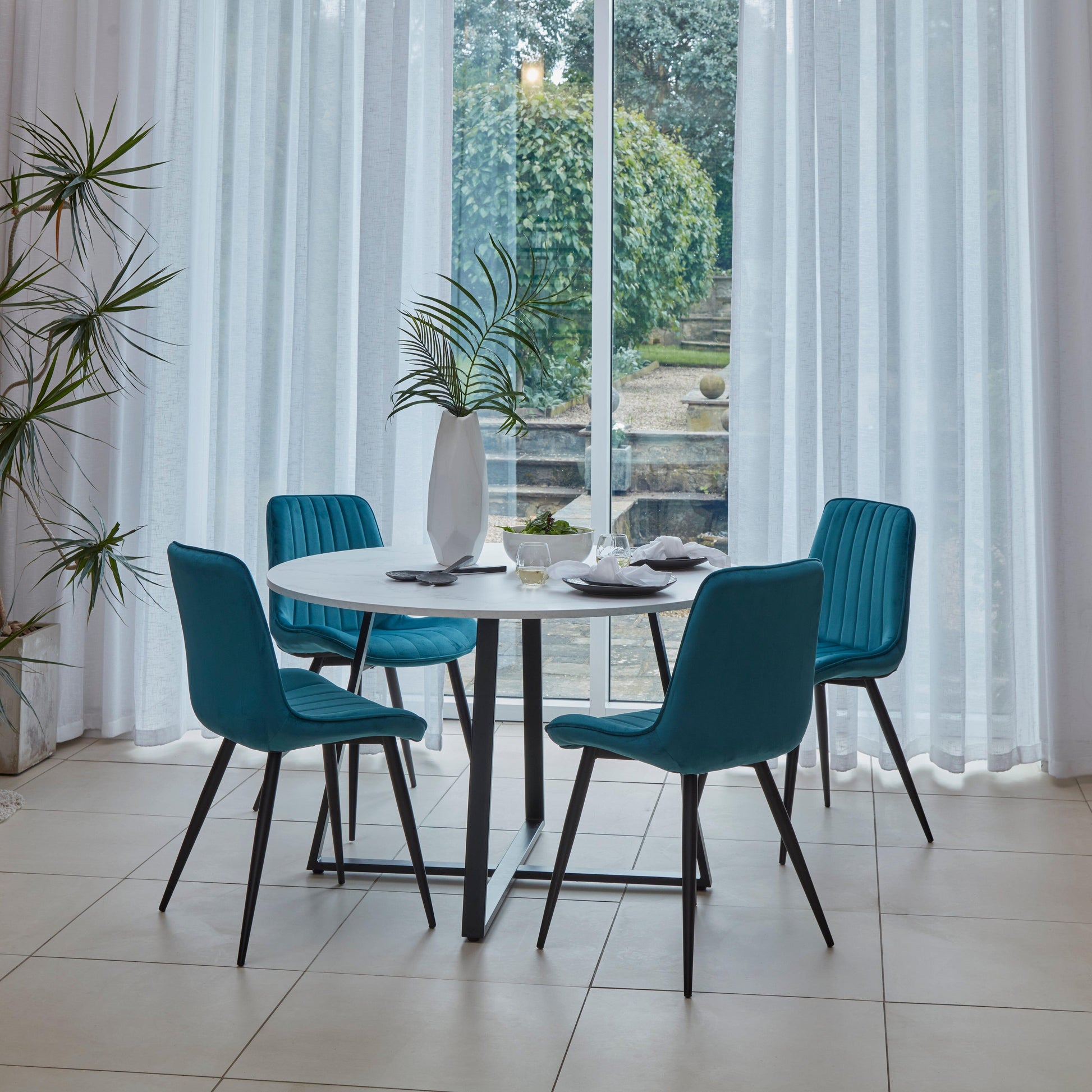 Clara Marble Dining Table Set - 4 Seater - Bella Teal Dining Chairs with Black Legs - Laura James