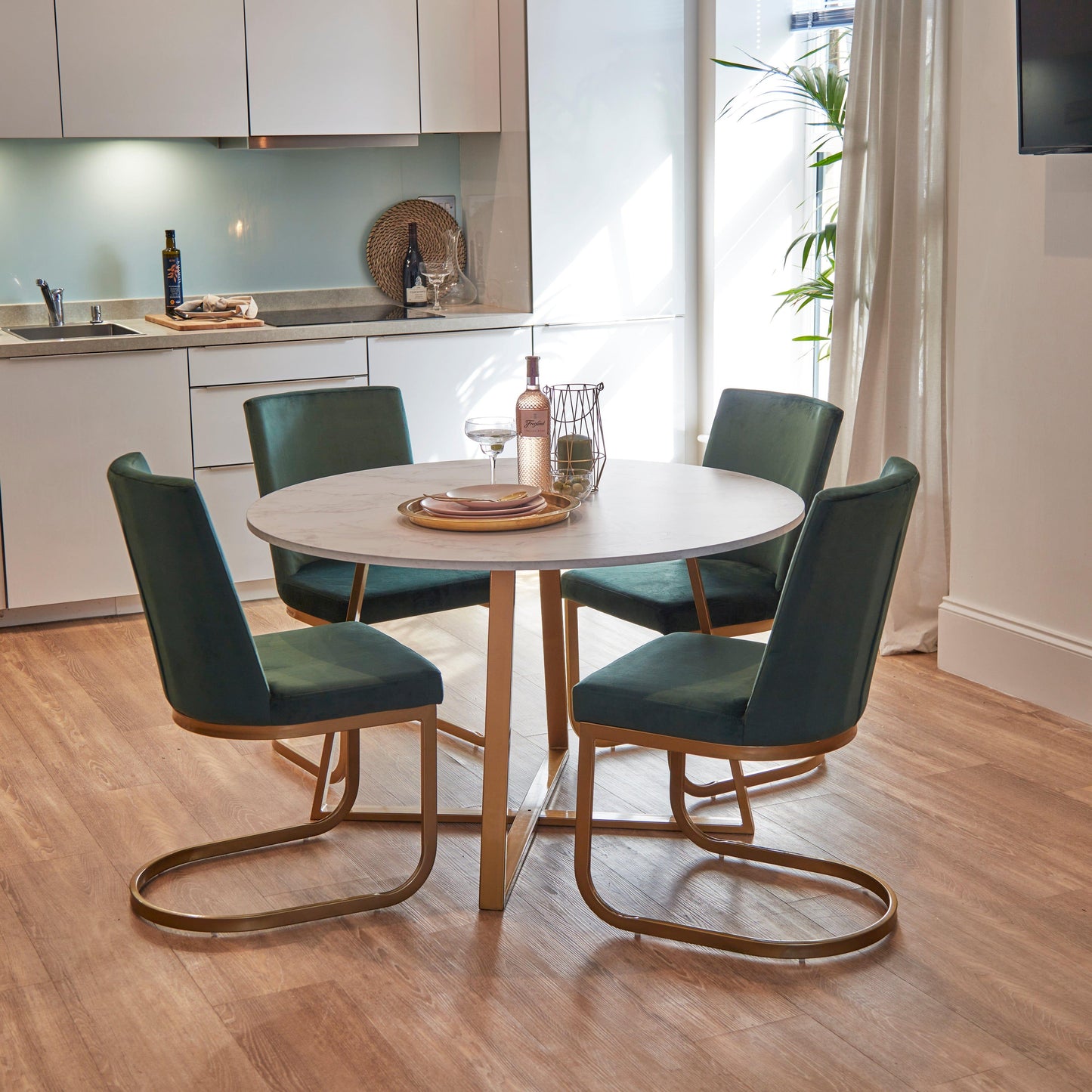 Clara Marble Dining Table Set - 4 Seater - Lola Green Dining Chairs with Gold Legs - Laura James