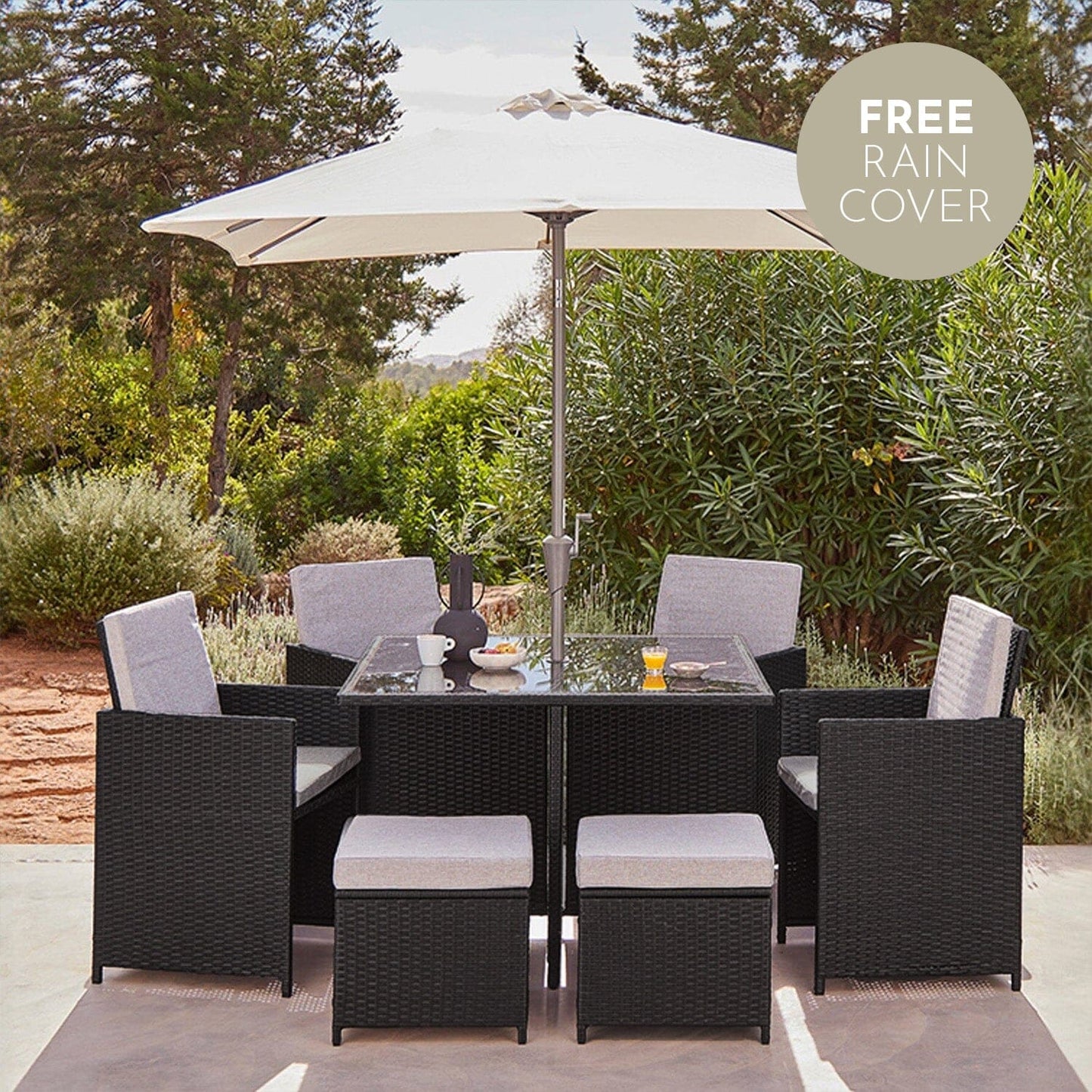 8 Seater Rattan Cube Outdoor Dining Set with Parasol - Black Weave