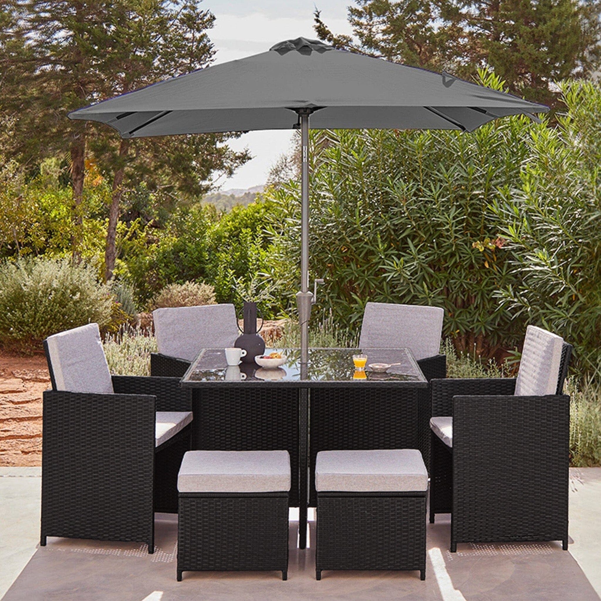 8 Seater Rattan Cube Outdoor Dining Set with Grey LED Premium Parasol Laura James