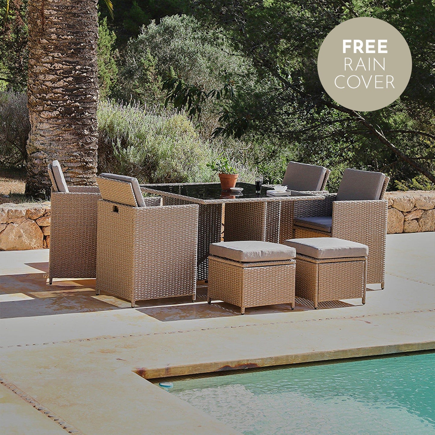 Cube 8 Seater Outdoor Dining Set - Natural Brown Weave Black Glass Top