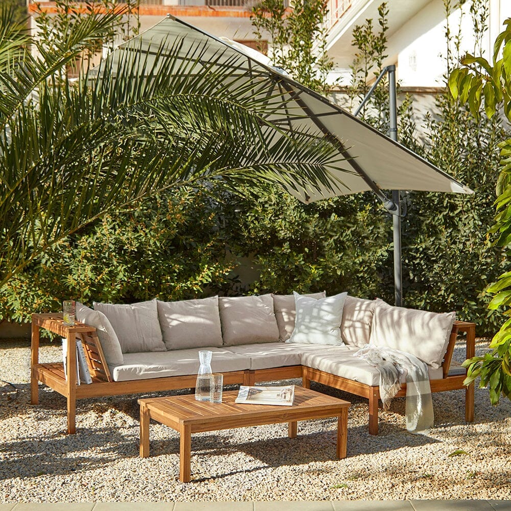 Dakota Wooden Garden Corner Sofa Set with Cream Parasol - Natural Cushions - Laura James