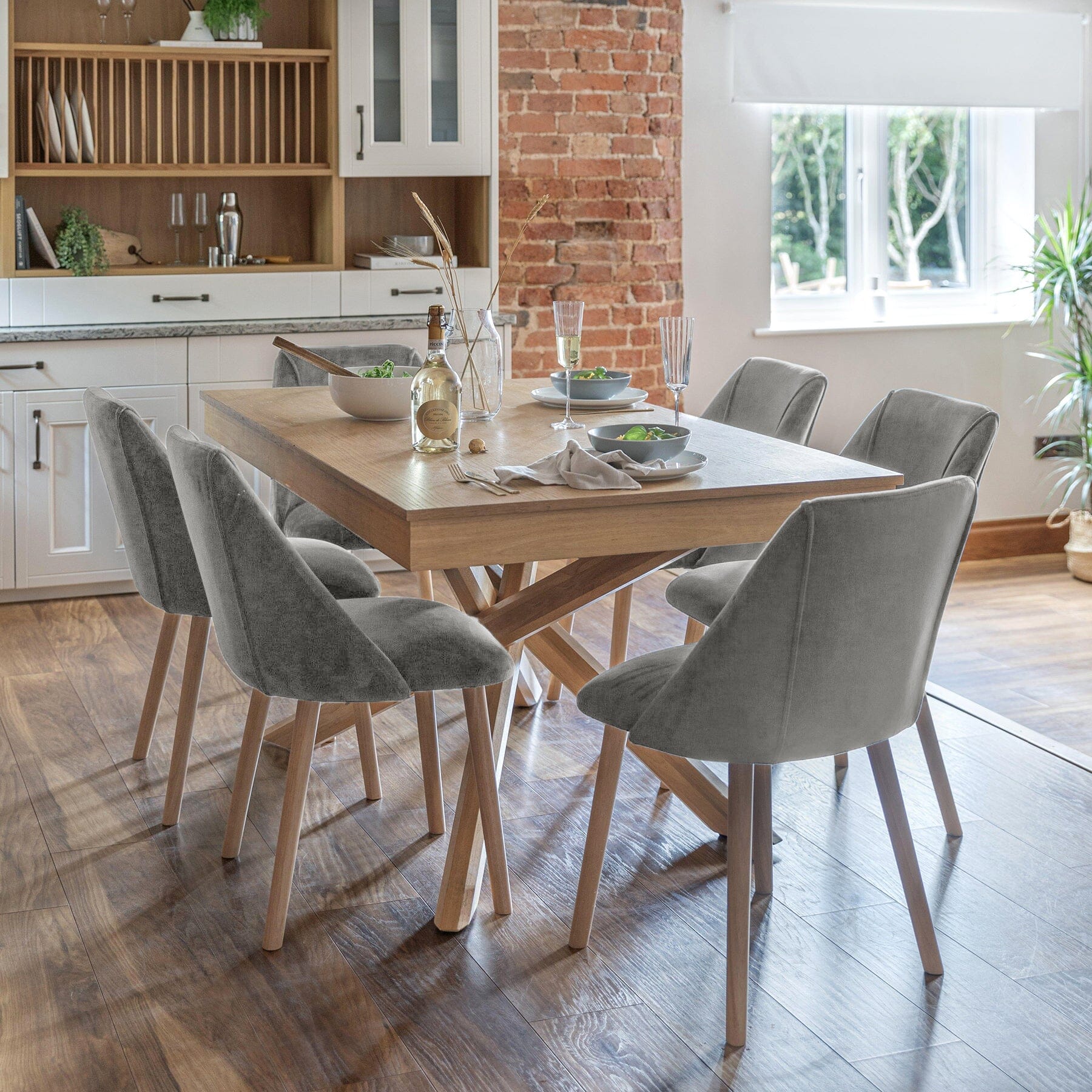 Amelia Whitewash Dining Table Set 6 Seater Freya Grey Dining Chairs with Whitewash Oak Legs