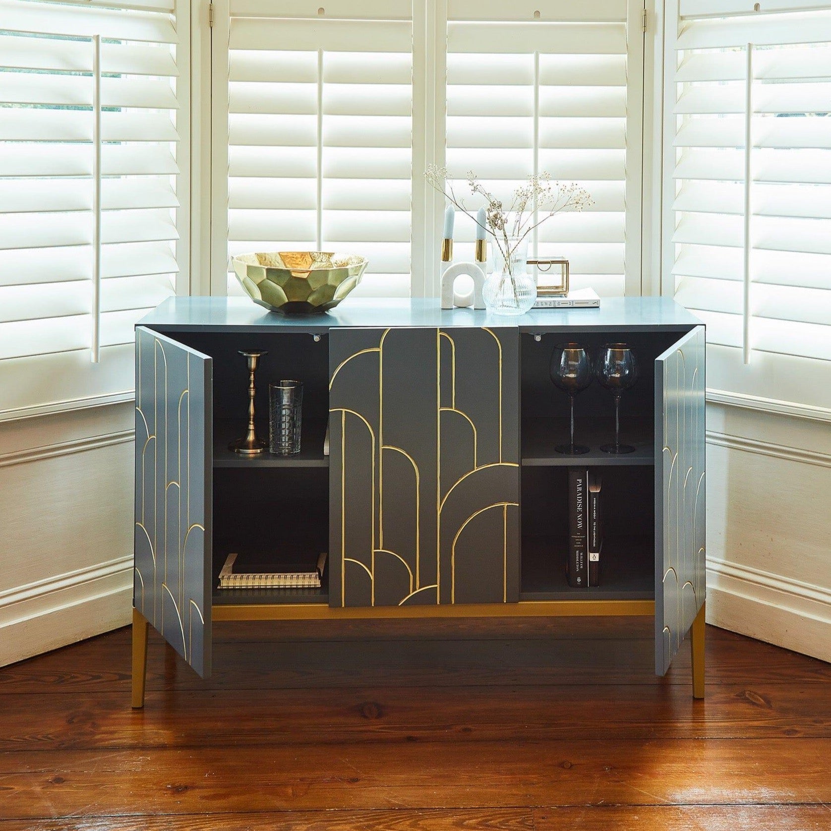 Gatsby Grey 3 Door Sideboard with Gold detailing - Laura James