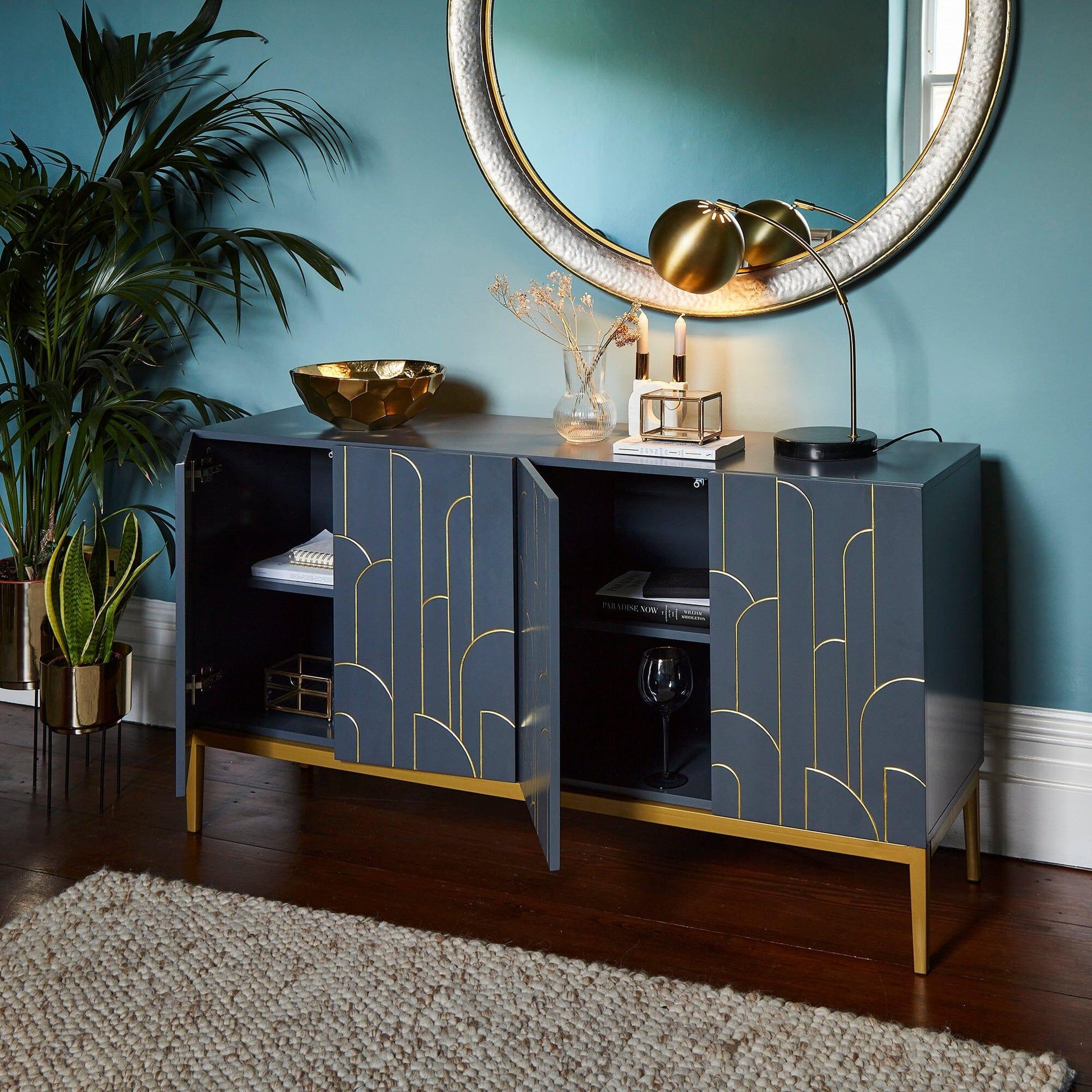 Gatsby 4 Door Grey Sideboard with Gold Detailing - Laura James