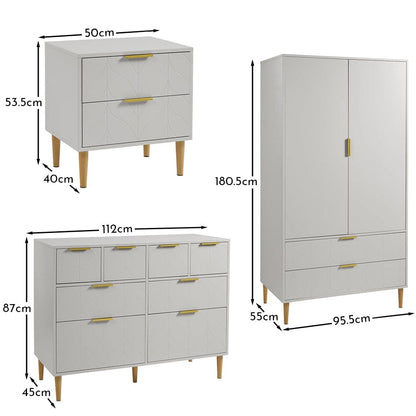 Gloria 3 Piece Bedroom Furniture Set - 4 Over 4 Chest of Drawers - Grey