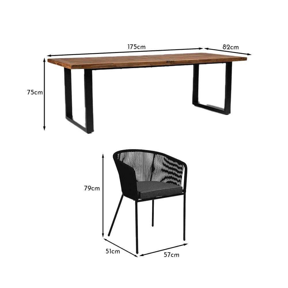 Hali 6 Seater Wooden Outdoor Dining Set with Hali Black Chairs - 175cm