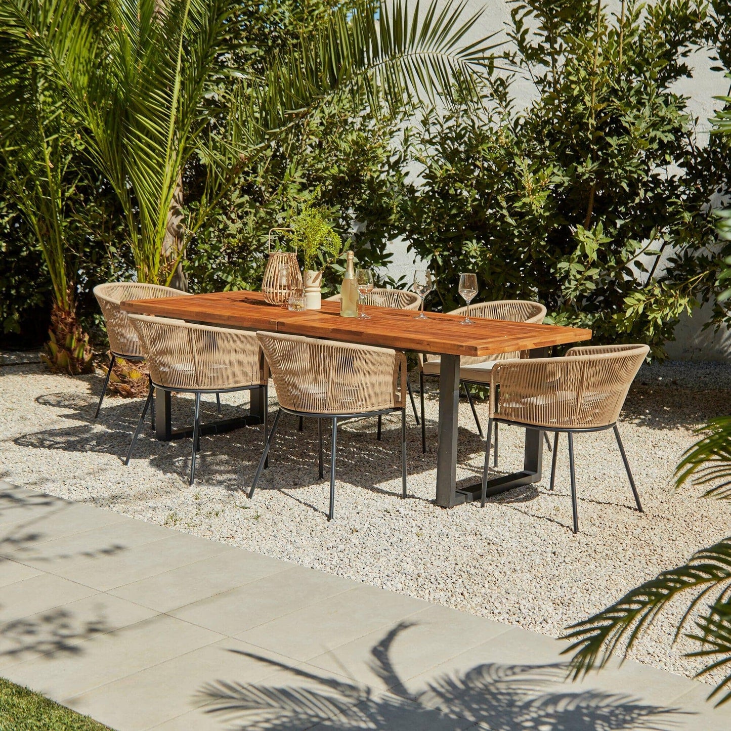 Hali 6 Seater Wooden Outdoor Dining Set with Hali Natural Chairs & Grey Lean Over Parasol- 175cm