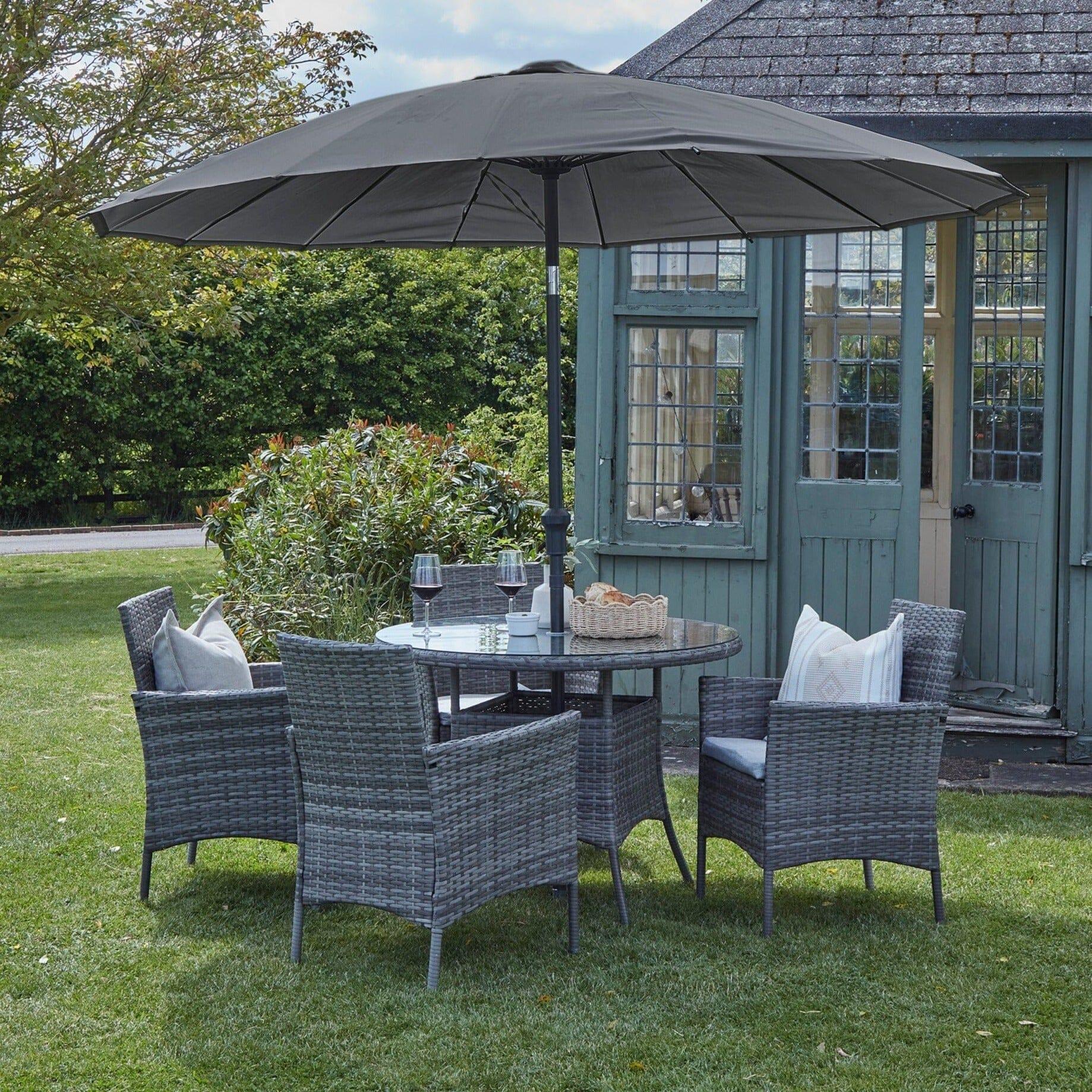 Kemble 4 Seater Rattan Round Dining Set in Grey with Parasol - Laura James