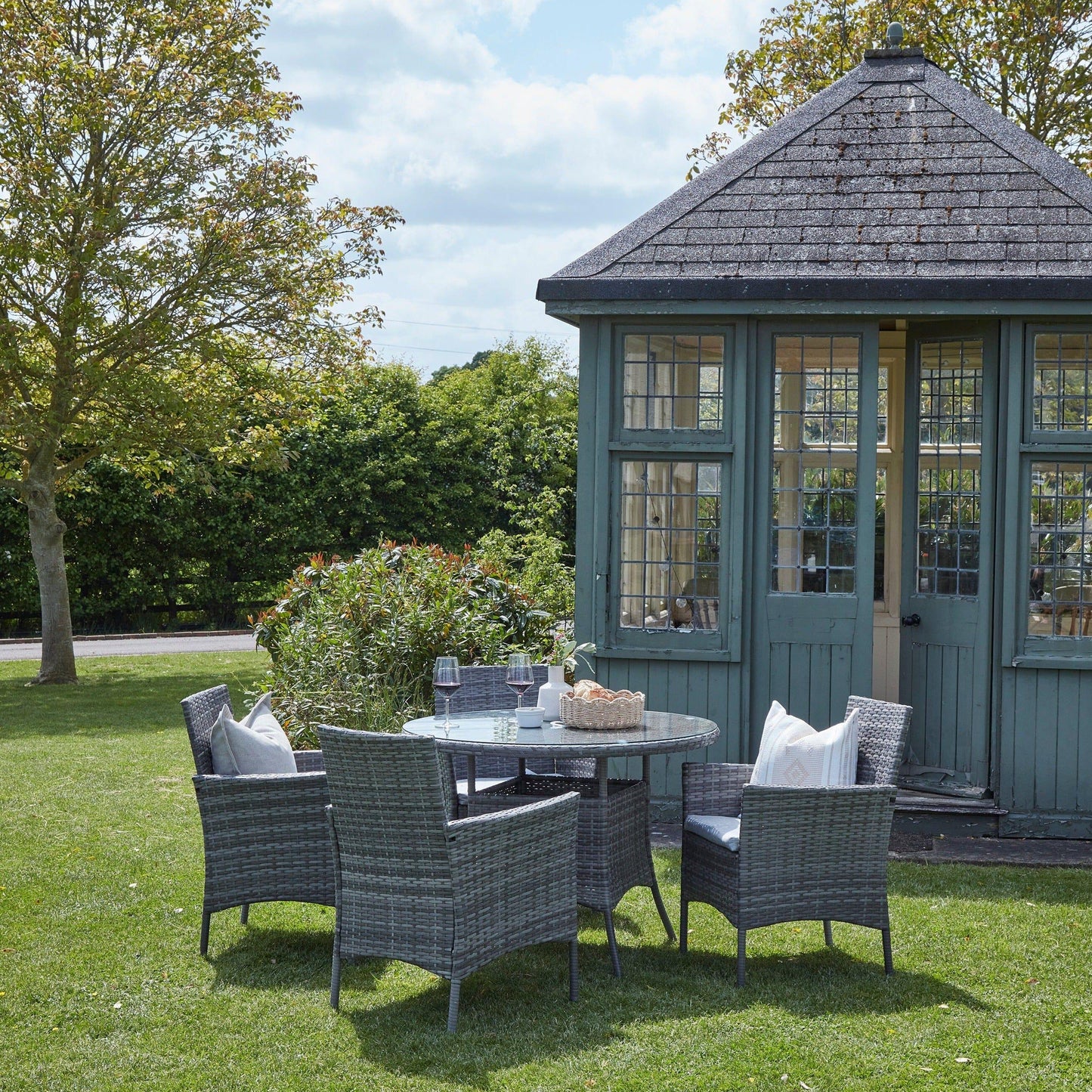 Kemble 4 Seater Rattan Round Dining Set in Grey with Parasol - Laura James