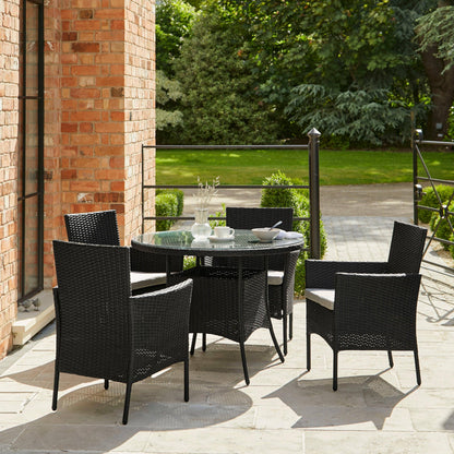 Kemble 4 Seater Rattan Round Dining Set with Grey LED Premium Parasol & Parasol Rain Cover - Black Weave