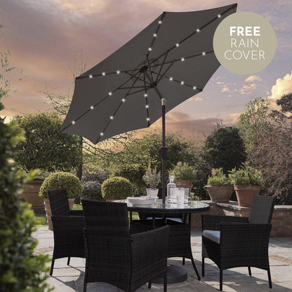 Kemble 4 Seater Rattan Round Dining Set with LED Premium Parasol and Parasol Rain Cover - Black
