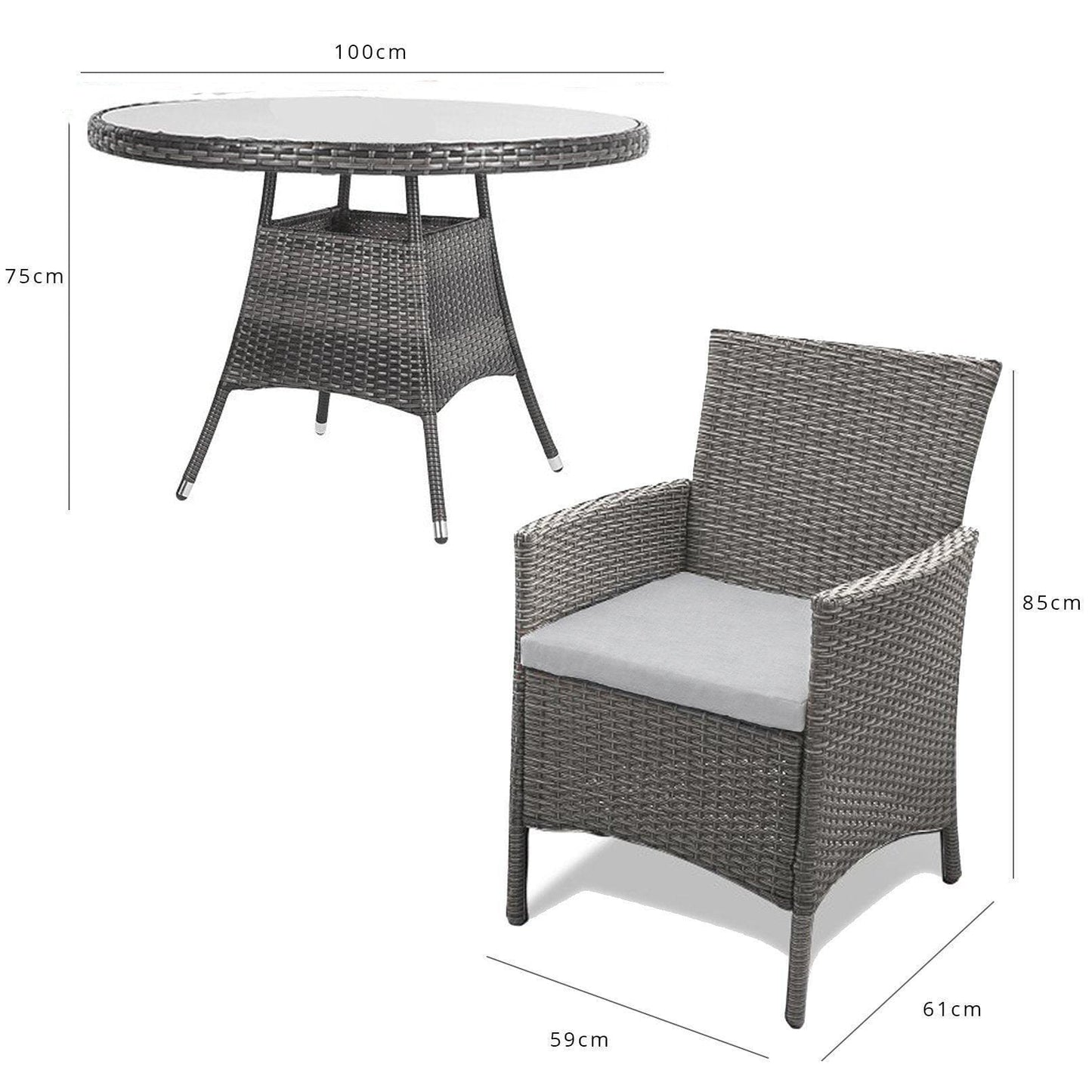 Kemble 4 Seater Rattan Round Dining Set with Cream LED Premium Parasol & Parasol Rain Cover - Grey Weave