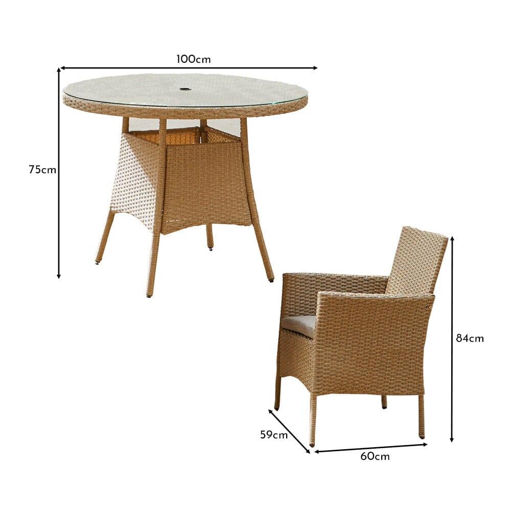 Kemble 4 Seater Rattan Round Outdoor Dining Set With Cream Parasol - Natural Brown - Rattan Garden Furniture - Laura James