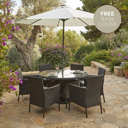 Kemble Black Dining Set with Premium Cream Parasol - Black - Glass Table Top - Laura James