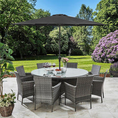 Kemble 8 Seater Rattan Round Garden Dining Set with Grey Parasol Gre Laura James