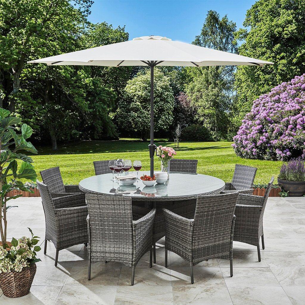 Kemble 8 Seater Rattan Round Garden Dining Set with Cream Parasol Gr Laura James