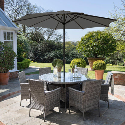 Kemble Grey 6 Seater Outdoor Round Dining Set with Grey Parasol - Laura James