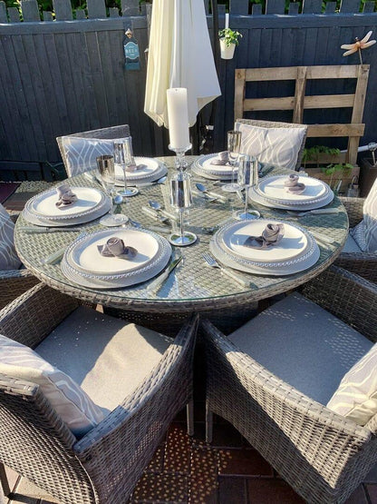 Kemble Grey 6 Seater Outdoor Round Dining Set with Grey Parasol - Laura James