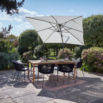 Lennox Table With 6 Hali Black Dining Chairs and Cream Premium LED Parasol