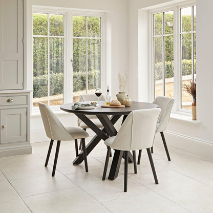 Levi Black Round Dining Table Set - 4 Seater - Freya Oatmeal Dining Chairs with Black Oak legs - Laura James