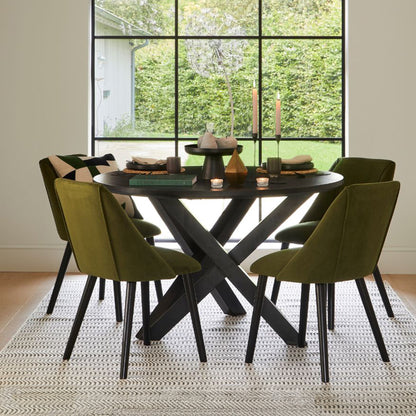 Levi Black Round Dining Table Set - 4 Seater - Freya Fern Green Dining Chairs with Black Legs