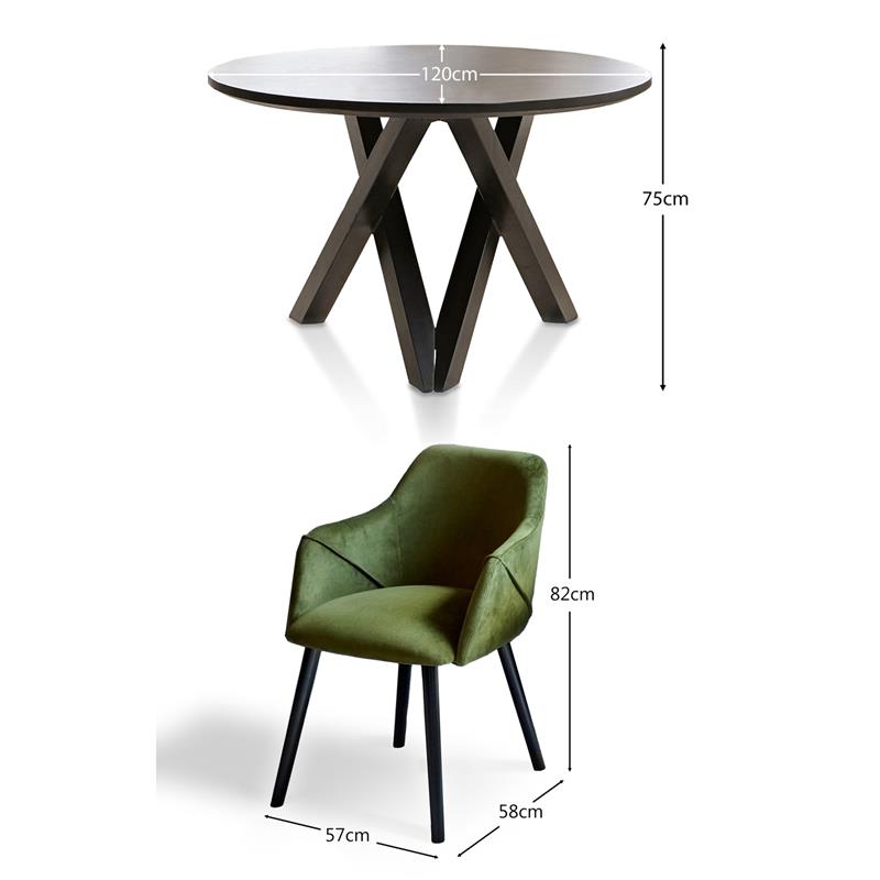 Levi Black Round Dining Table Set - 4 Seater - Freya Fern Green Armchairs with Black Legs