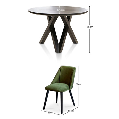 Levi Black Round Dining Table Set - 4 Seater - Freya Fern Green Dining Chairs with Black Legs