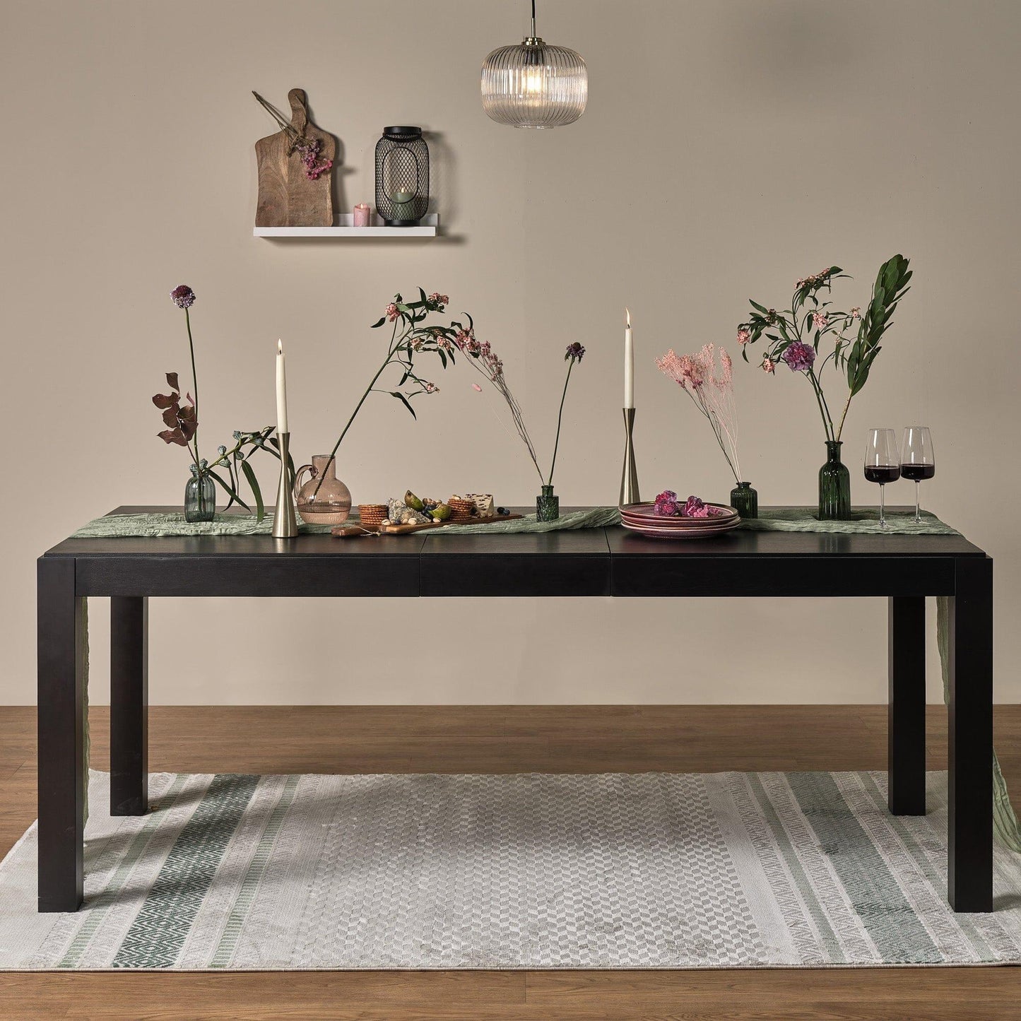 Magnus Black Extendable Dining Table - Bella Grey Velvet Chairs