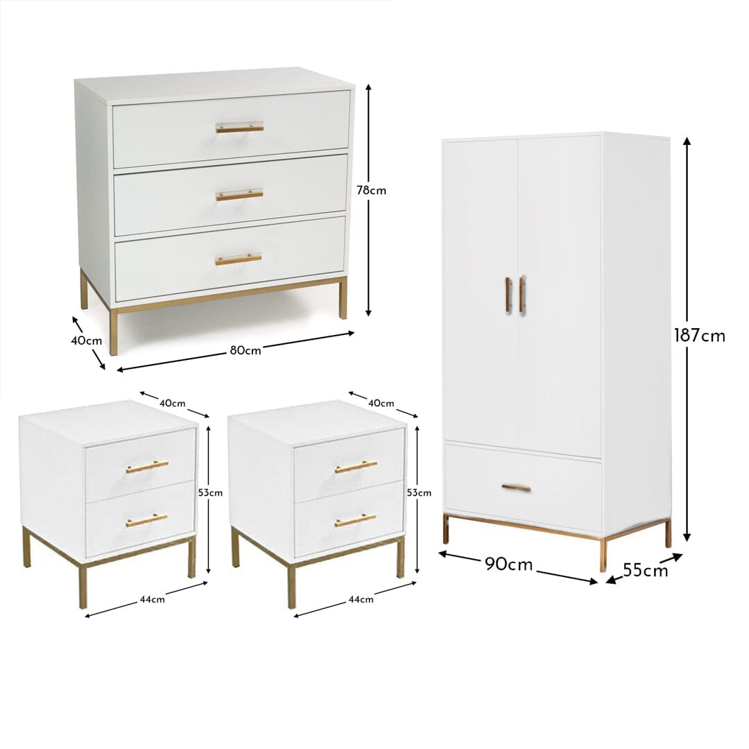 Marie 4 Piece Bedroom Furniture Set - 3 Drawer Chest of Drawers - White