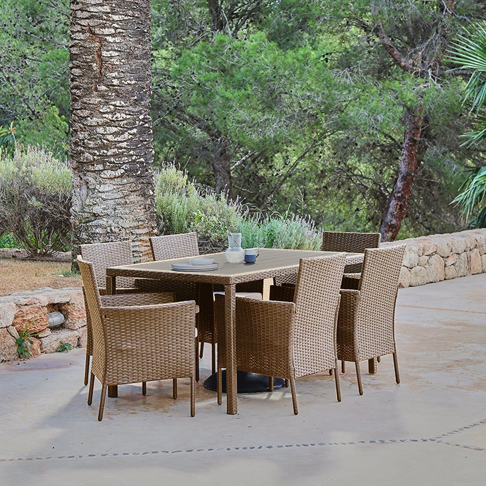 Marston 6 Seater Polywood Top Rattan Dining Set - Natural Brown