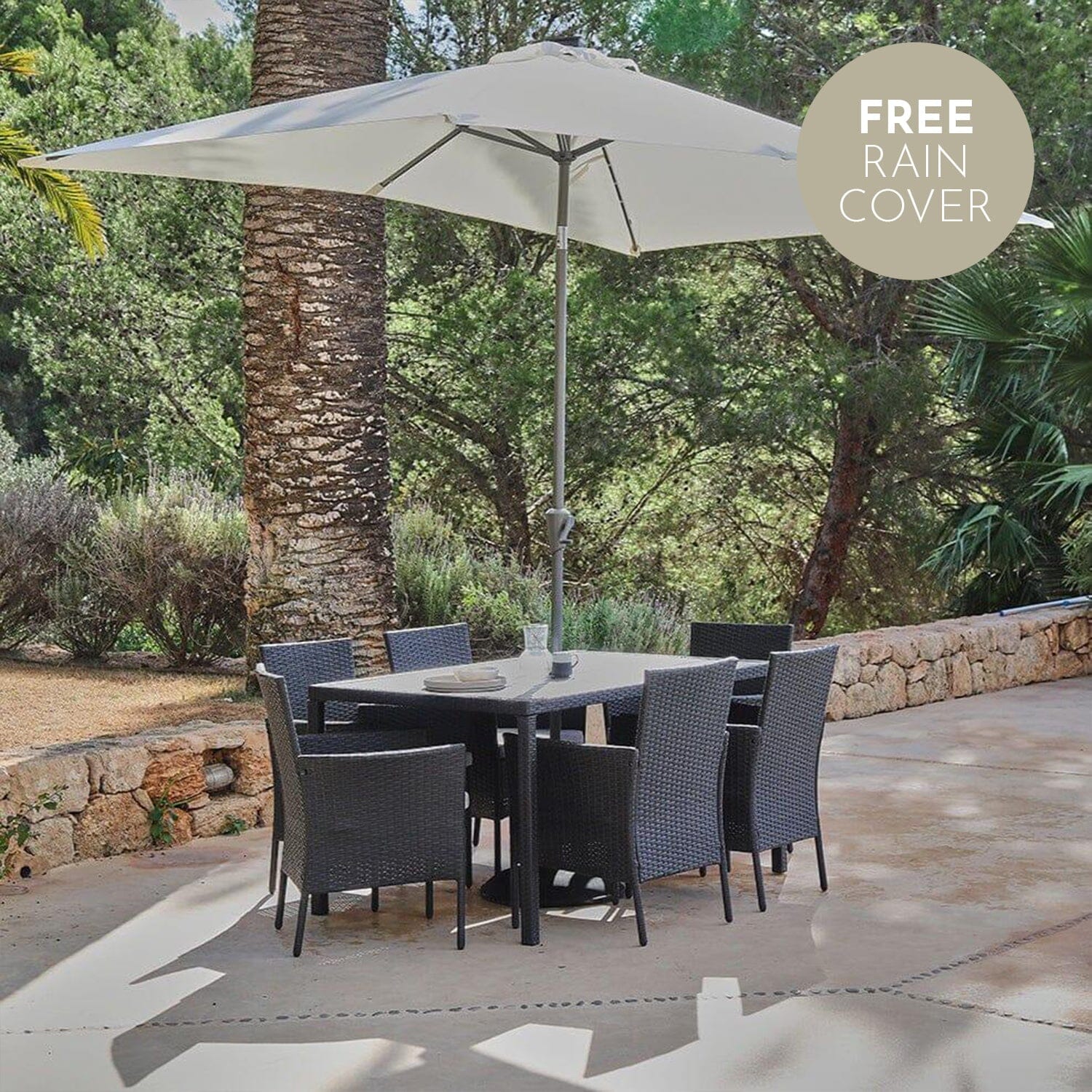 Marston 6 Seater Polywood Top Rattan Dining Set with Cream Parasol - Black