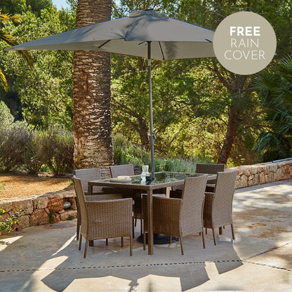 Marston 6 Seater Rattan Dining Set with Grey Premium Parasol - Natural Brown