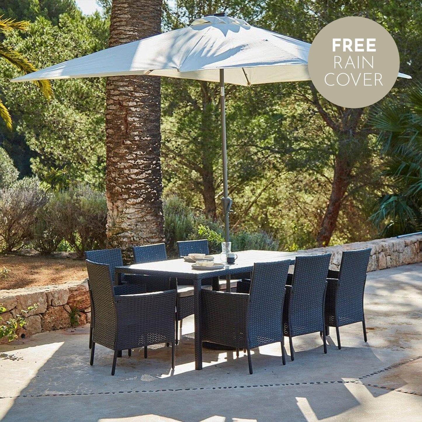 Marston 8 Seater Rattan Outdoor Dining Set with Cream LED Premium Parasol - Rattan Garden Furniture - Black - Polywood Top - Laura James