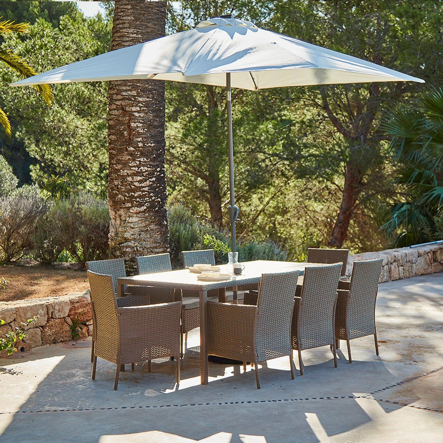 Marston 8 Seat Polywood Top Rattan Dining Set with Premium Cream Parasol - Laura James