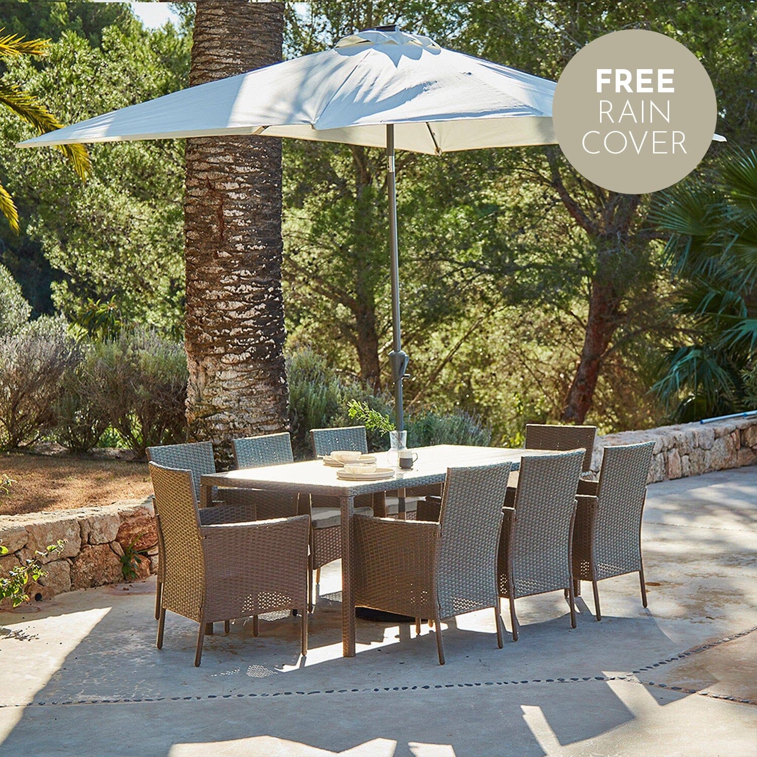 Marston 8 Seat Polywood Top Rattan Dining Set with Premium Cream Parasol - Laura James