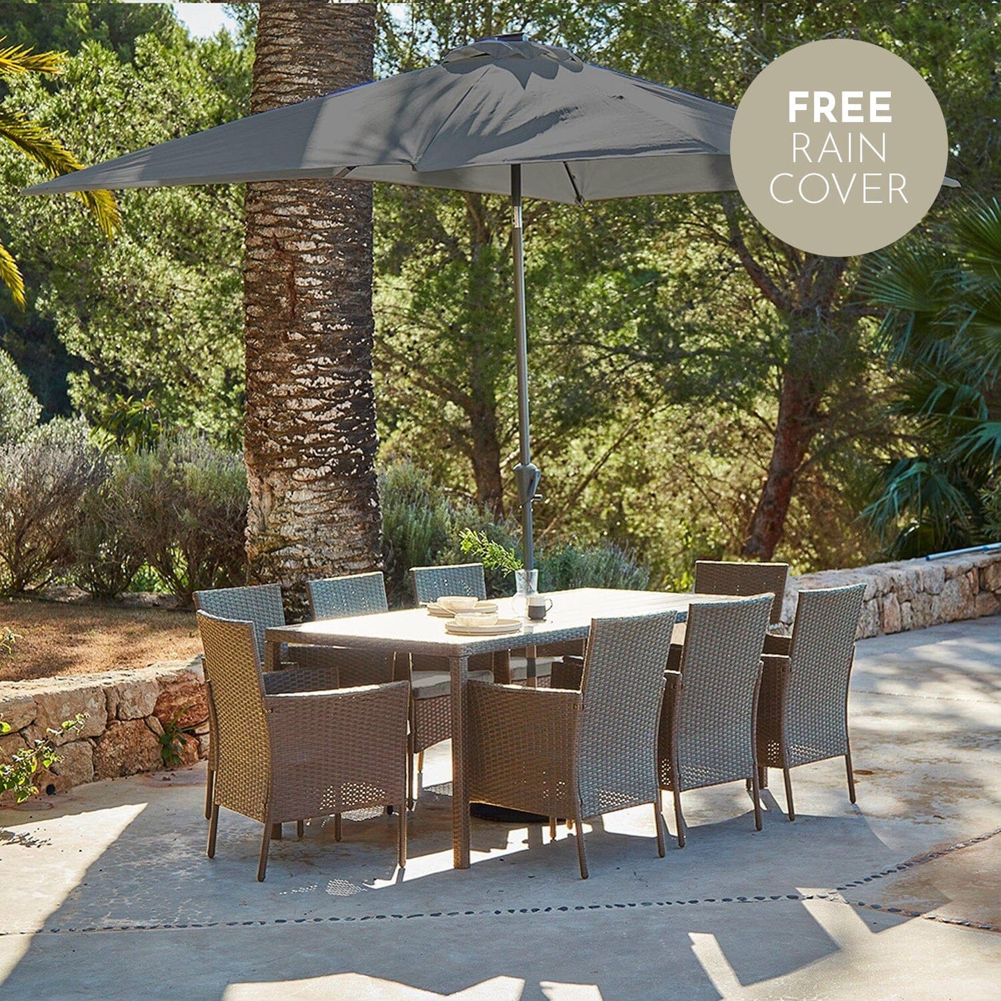 Marston 8 Seat Polywood Top Rattan Dining Set with Grey Parasol - Laura James