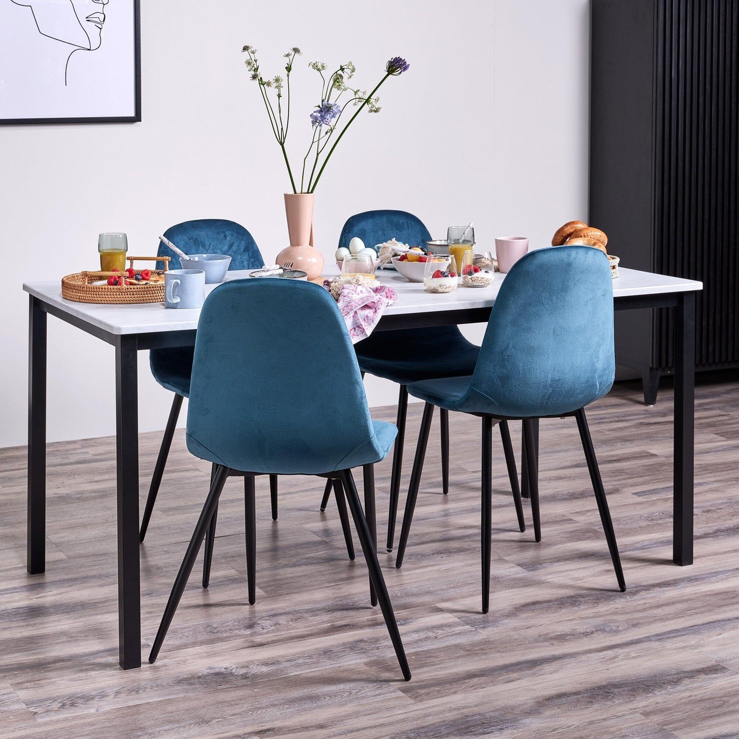 Milo Marble Table - 4 seater -  Ellis Teal and Black Chairs