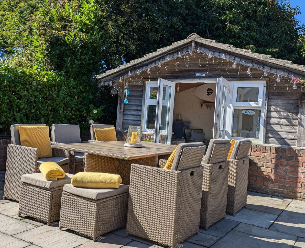 10 Seater Rattan Cube Outdoor Dining Set - Natural Brown Weave Polywood Top