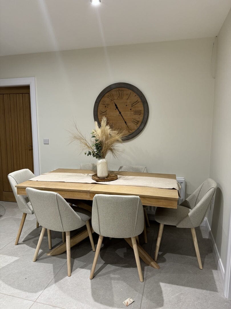 Amelia Whitewash Extendable Dining Table Set - 6 Seater - Freya Sand Dining Chairs with Oak Legs